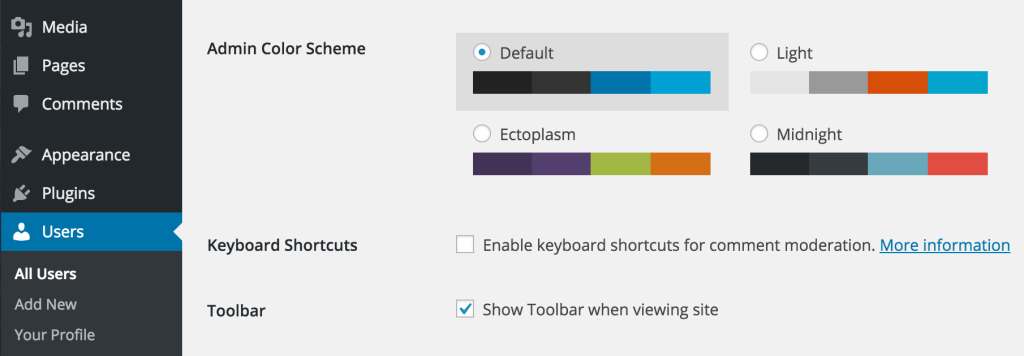 WordPress Admin toolbar settings