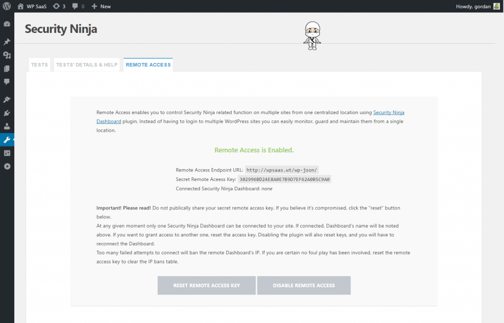 WordPress Security Ninja remote access