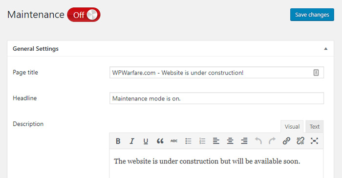 Under Construction Page Settings 