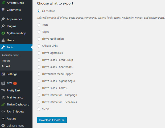 Export WordPress Content
