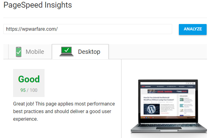 WPWarfare PageSpeed Insights Results 